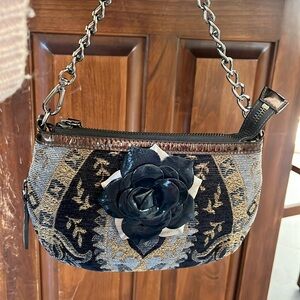 Sharif  Tapestry Satchel  navy/gold expanding bottom   velvety    gunmetal  NWOT